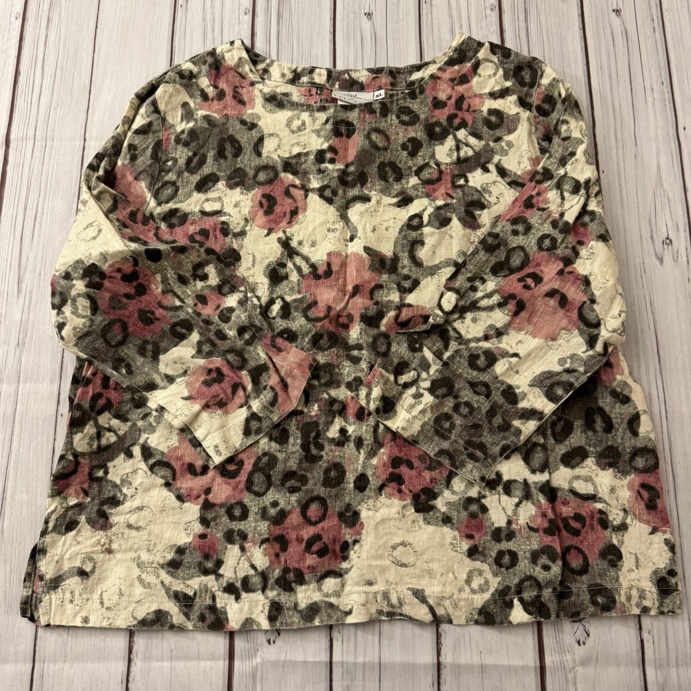 Hot Cotton Marc Ware Linen Top XL Abstract Floral Leopard Boxy Lagenlook